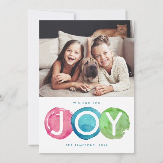 Colourful Joy Watercolor Dots Christmas Holiday Card (Front)