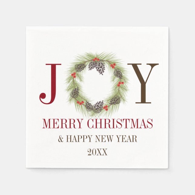 Colourful JOY Wreath Personalised Holiday Napkins (Front)