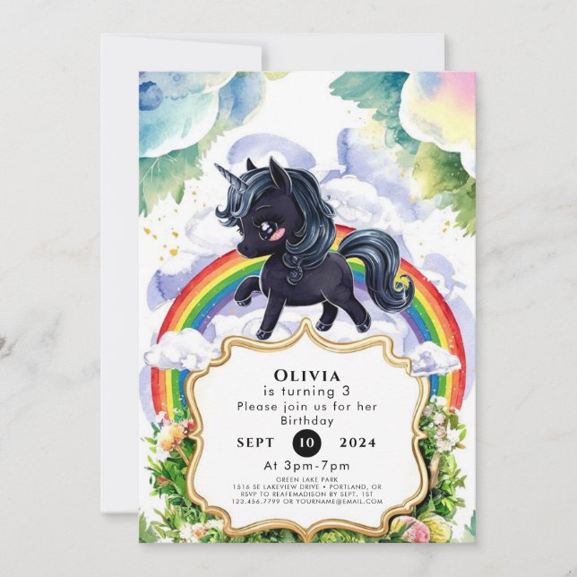 Colourful Joyful Black Unicorn Birthday Invitation (Front)