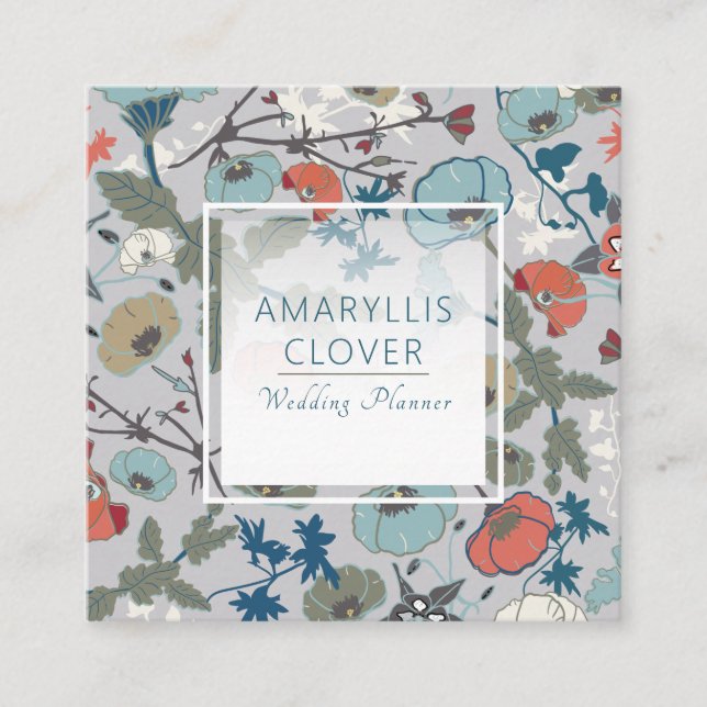 Colourful Joyful Blue Orange Grey Pattern Flowers Square Business Card (Front)