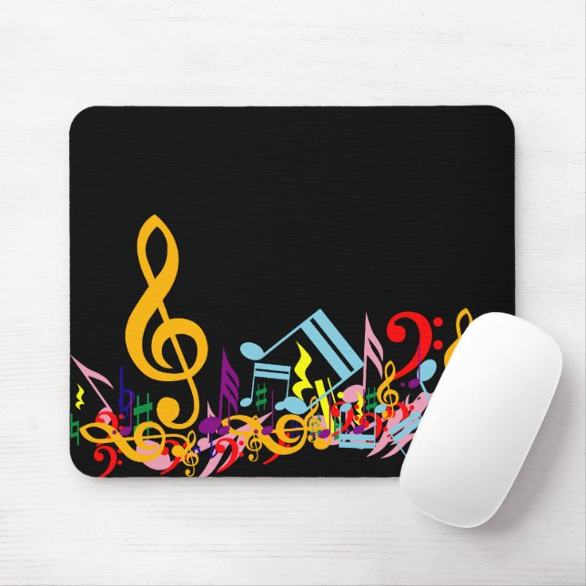 Colourful Jumbled Music Notes on Black Mouse Mat (With Mouse)