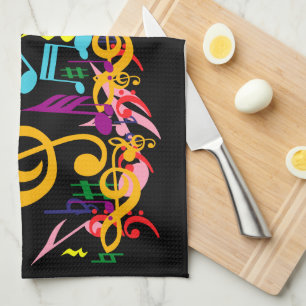 Colourful Jumbled Music Notes on Black Tea Towel