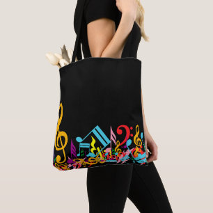 Colourful Jumbled Music Notes on Black Tote Bag