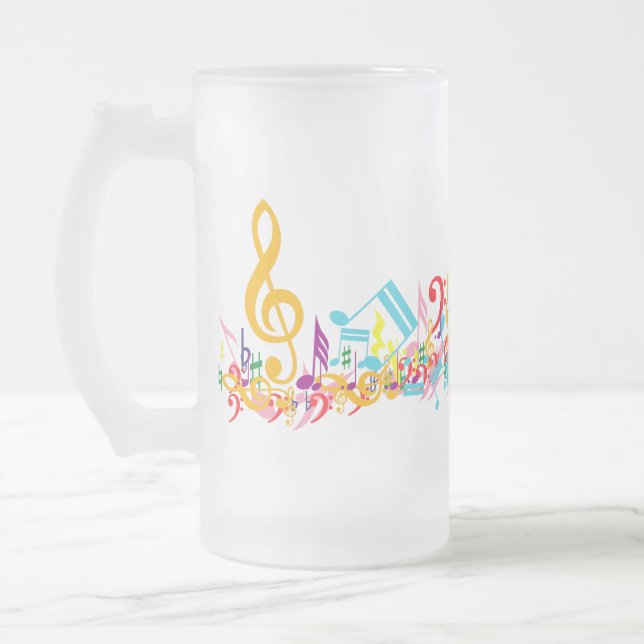 Colourful Jumbled Musical Notes Frosted Glass Beer Mug (Left)