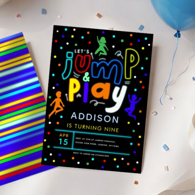  Colourful Jump and Play Neon Trampoline Birthday Invitation (Creator Uploaded)