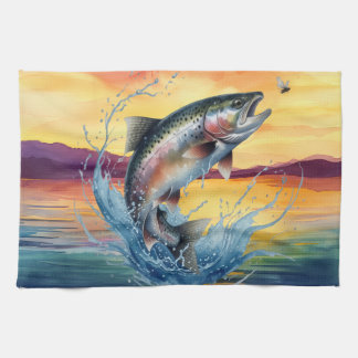 Colourful Jumping Trout Fishing Kitchen Towel