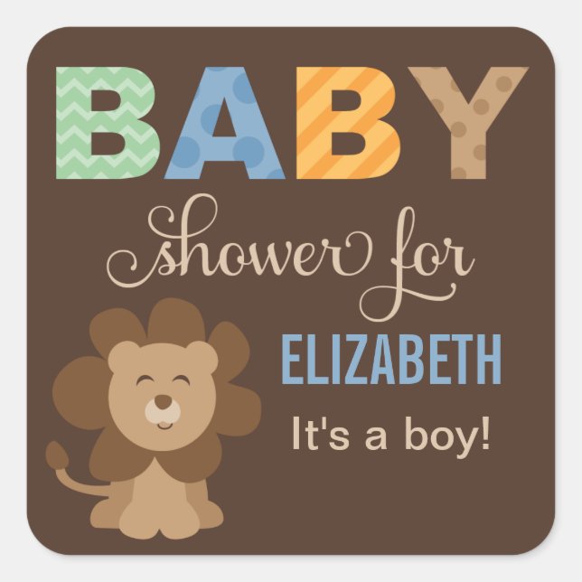 Colourful Jungle Animals for Baby Boy Brown Shower Square Sticker (Front)