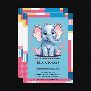 Colourful Jungle Blue Elephant Baby Shower Invitation