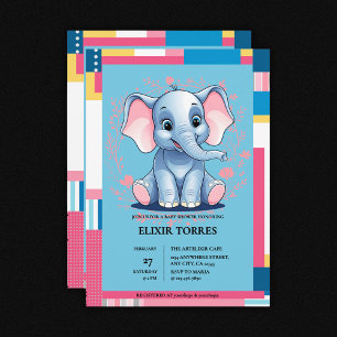 Colourful Jungle Blue Elephant Baby Shower Invitation