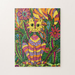Colourful Jungle Cat Fun Garden Rainforest Flowers Jigsaw Puzzle