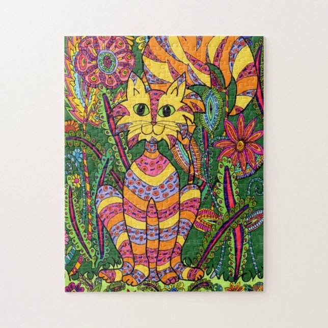 Colourful Jungle Cat Fun Garden Rainforest Flowers Jigsaw Puzzle (Vertical)