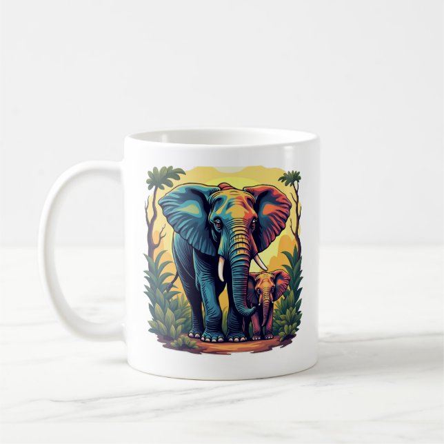 Colourful Jungle Elephant and Baby Coffee Mug (Left)