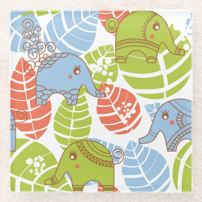 Colourful Jungle Elephants Glass Coaster (Front)