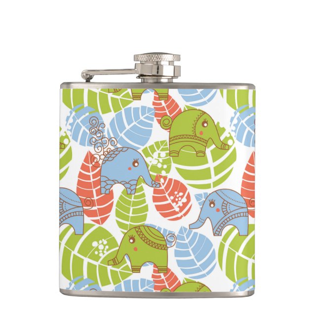 Colourful Jungle Elephants Hip Flask (Front)