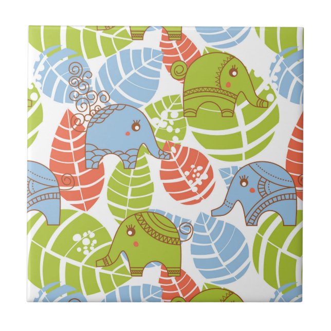 Colourful Jungle Elephants Tile (Front)