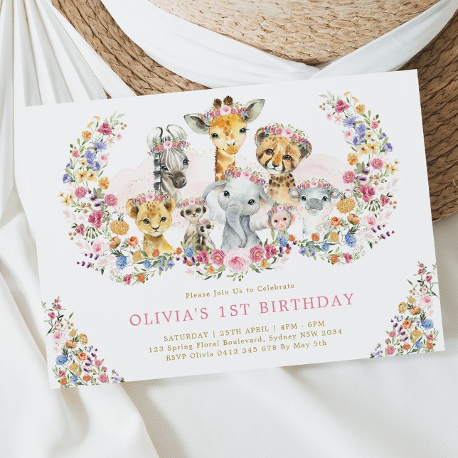 Colourful Jungle Wild Animals Wildflower Birthday Invitation (Creator Uploaded)
