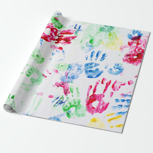 colourful juvenile hand prints wrapping paper