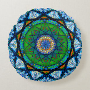 Colourful Kaleidoscopic Mosaic   Abstract Mandala Round Cushion