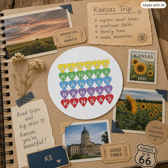 Colourful Kansas Heart Pattern State Pride Classic Round Sticker (A sticker featuring a rainbow pattern of hearts that spell out Kansas.)