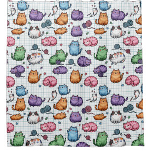 Colourful Kawaii Chubby Cats Pattern on Graph Pape Shower Curtain