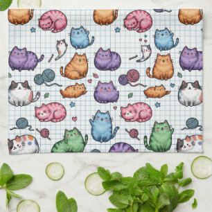 Colourful Kawaii Chubby Cats Pattern on Graph Pape Tea Towel