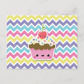 Colourful Kawaii Cupcake on Chevrons Postcard