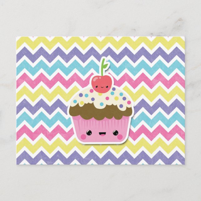 Colourful Kawaii Cupcake on Chevrons Postcard (Front)