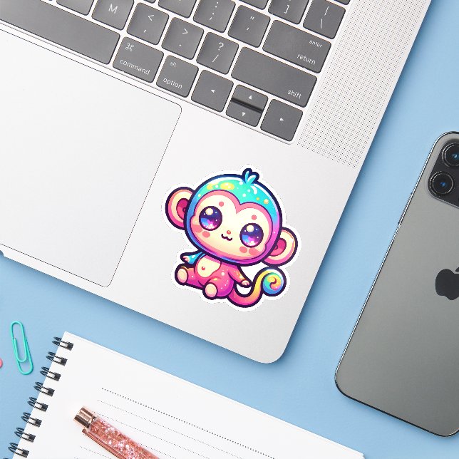 Colourful Kawaii Monkey with Sparkling Eyes (Laptop w/ iPhone)