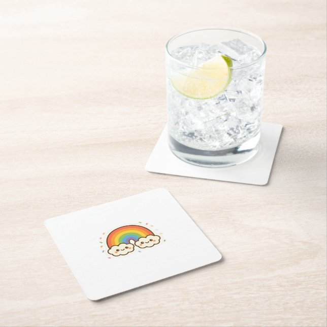 Colourful Kawaii Rainbow Pride Square Paper Coaster (Insitu)