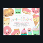 Colourful Kawaii Sweet Elements Kids' Birthday Invitation Postcard<br><div class="desc">Such a special occasion deserves a very sweet celebration. This kids' birthday invitation is perfect for summer birthdays. Featuring kawaii pancakes,  toast,  glazed doughnuts,  cake,  cupcake and smoothie. A sweet script typeface appears in colourful pastel colours. Reversing to a fun pink doughnut sprinkle pattern.</div>