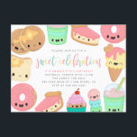 Colourful Kawaii Sweet Elements Kids' Birthday Invitation Postcard<br><div class="desc">Such a special occasion deserves a very sweet celebration. This kids' birthday invitation is perfect for summer birthdays. Featuring kawaii pancakes,  toast,  glazed doughnuts,  cake,  cupcake and smoothie. A sweet script typeface appears in colourful pastel colours. Reversing to a fun pink doughnut sprinkle pattern.</div>
