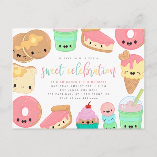 Colourful Kawaii Sweet Elements Kids' Birthday Invitation Postcard (Front)