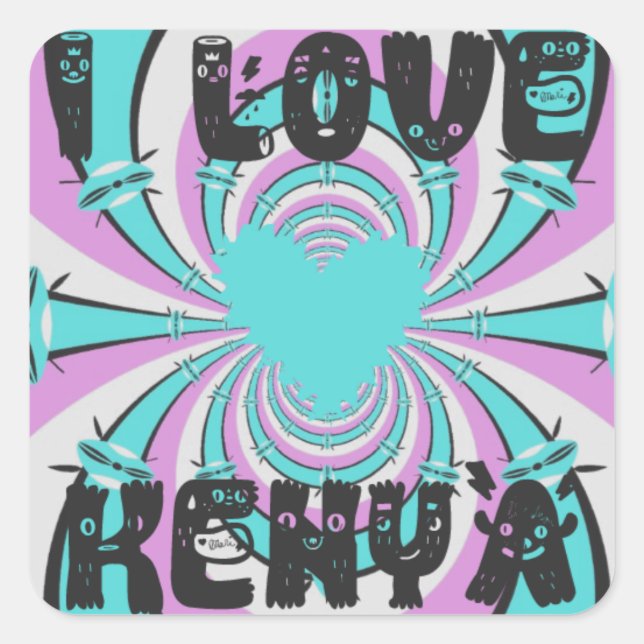 Colourful Kenya Love: Purple Cyan White Funny Square Sticker (Front)