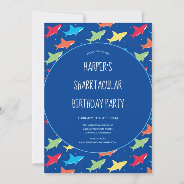 Colourful Kids Cartoon Shark Birthday Party Invitation (Front)