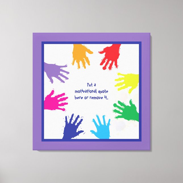 Colourful kids handprints - blue & purple borders canvas print (Front)