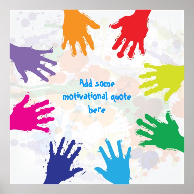 Colourful kids handprints square poster print (Front)