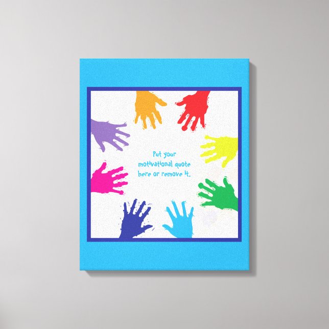 Colourful kids handprints with blue borders canvas print (Front)