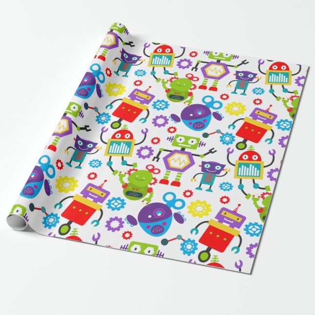 Colourful Kids Robot Wrapping Paper (Unrolled)
