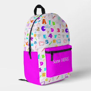 Colourful Kids School Supplies & Name on Hot Pink Printed Backpack