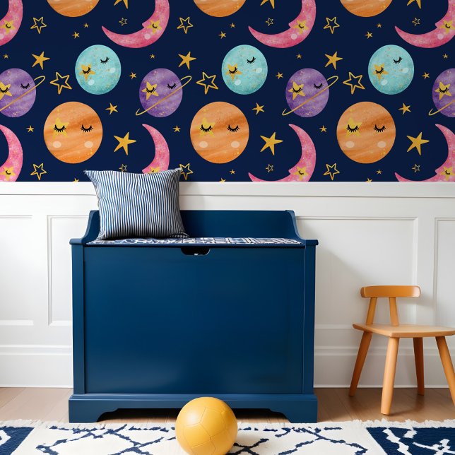 Colourful Kids Watercolor Space Planets Star & Moo Wallpaper (Colorful Kids Watercolor Space Planets Star & Moon Wallpaper)