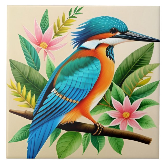 Colourful Kingfisher Bird Perched on Branch Tile (Front)