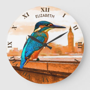 Colourful Kingfisher Bird With London Skyline Large Clock