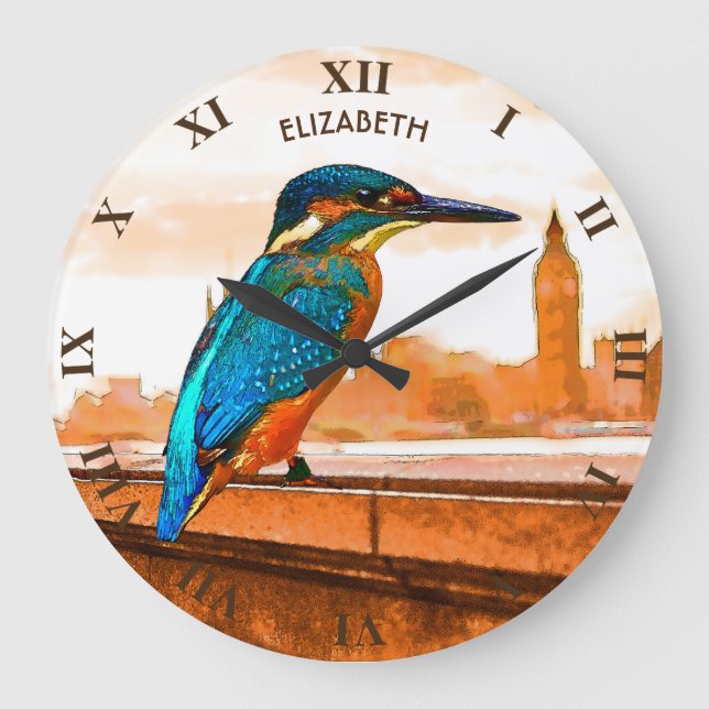 Colourful Kingfisher Bird With London Skyline Large Clock (Front)