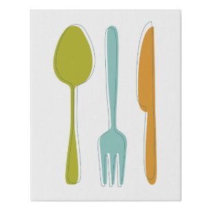 Colourful Kitchen Fork Knife Spoon Mid Century Faux Canvas Print