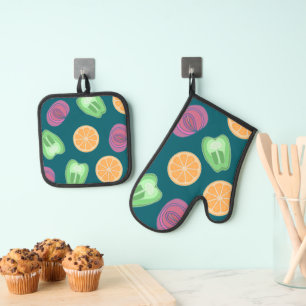 Colourful Kitchen Fruit & Veggie  Oven Mitt & Pot Holder Set