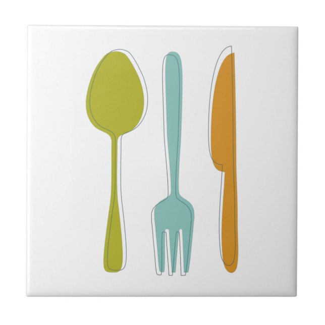 Colourful Kitchen Utensils Fork Knife Spoon Retro Tile (Front)