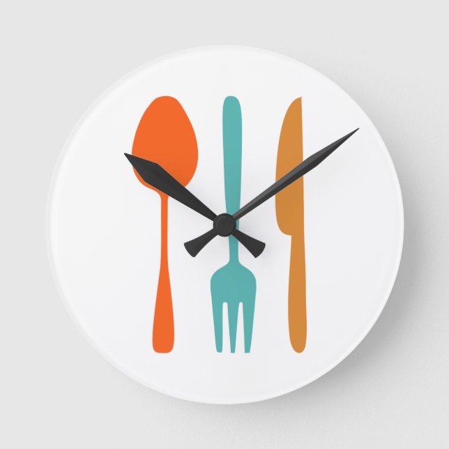 Colourful Kitchen Utensils Mid Century Modern Round Clock (Front)