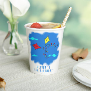 Colourful Kites in Blue Sky Kids Birthday Paper Cu Paper Cups