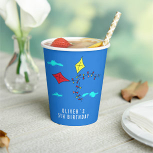 Colourful Kites in Blue Sky Kids Birthday Paper Cups