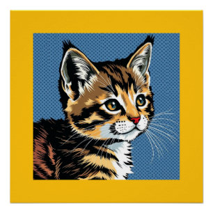 Colourful kitten with blue and yellow poster